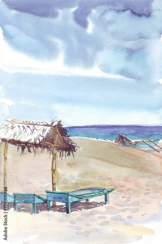 beach ocean sky watercolor illustration