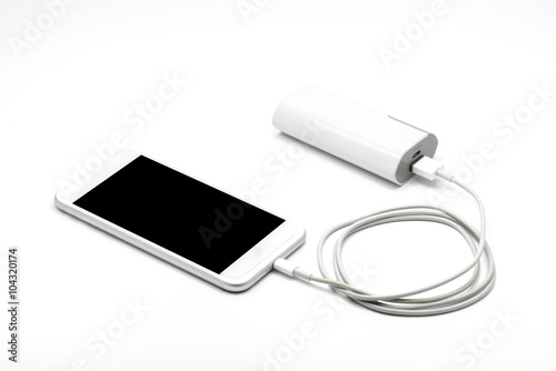 White smart phone charger with power bank  battery bank 