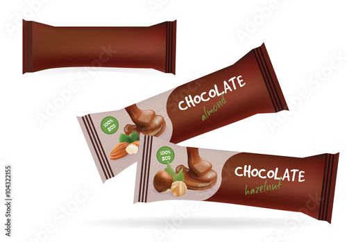Vector Brown Blank Food Packaging For Biscuit, Wafer, Sweets, Chocolate Bar, Candy Bar, Snacks . Design Template. Chocolate Bar with Nuts Collection Templates.