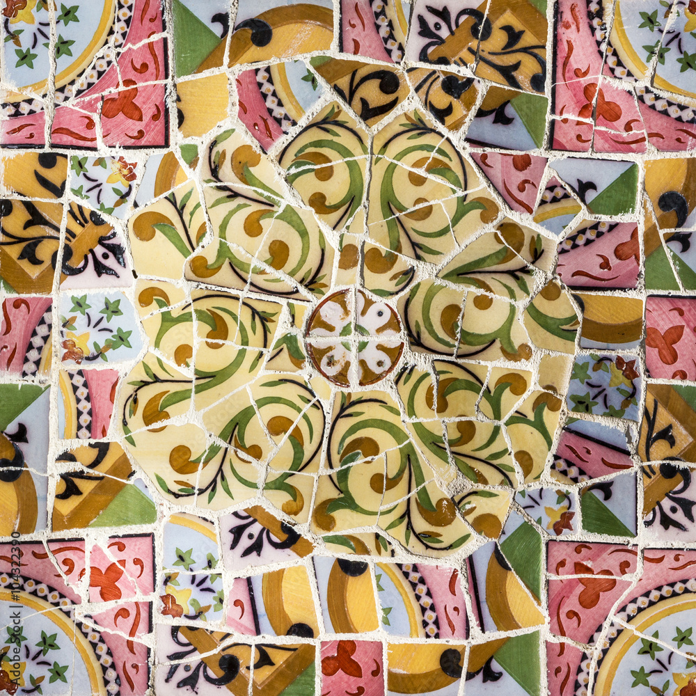 Fototapeta premium Glass mosaic ceramic tile, decoration in Park Guell, Barcelona,