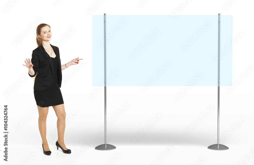 Young beautiful woman showing on glass board Young beautiful woman showing on glass board