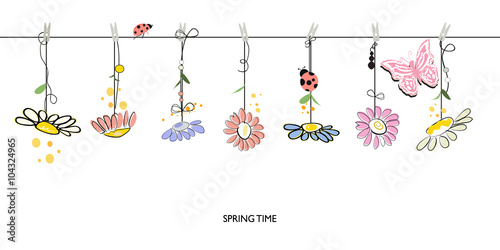 Spring time floral border background with hanging colorful daisy vector