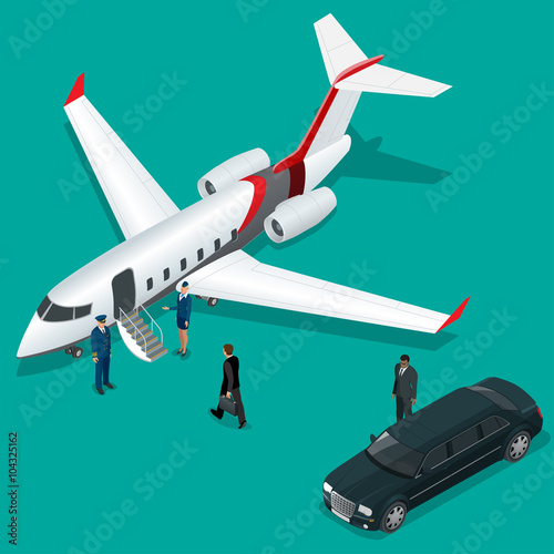 Businessman with luggage walking towards private jet at terminal. Bussines concept stewardess, pilot, limousine, corporate jet. Vector 3d flat isometric illustration. Business airlines. 