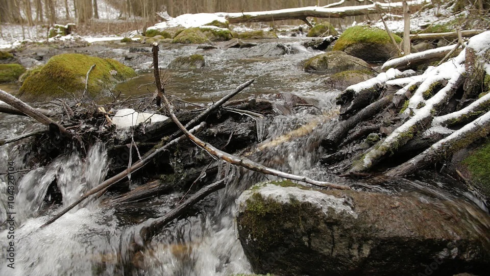 River with rocks and fallen woods .Winter,slow motion. River with rocks and fallen woods .Winter,slow motion.