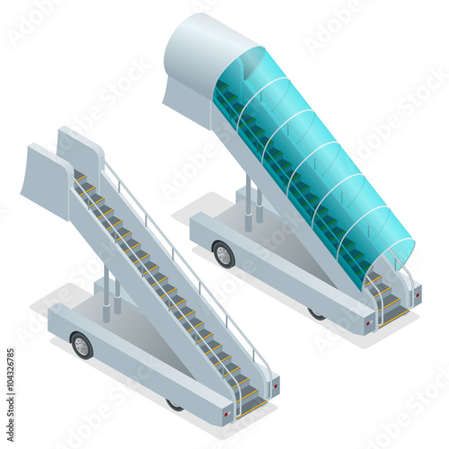 Two ramps on the airfield. Movable ramp isolated illustration. Movable ramp Vector. Movable ramp Icon EPS. Boarding white ramp. Movable ramp 3d isometric picture. Ladder ramp is waiting for airplane.