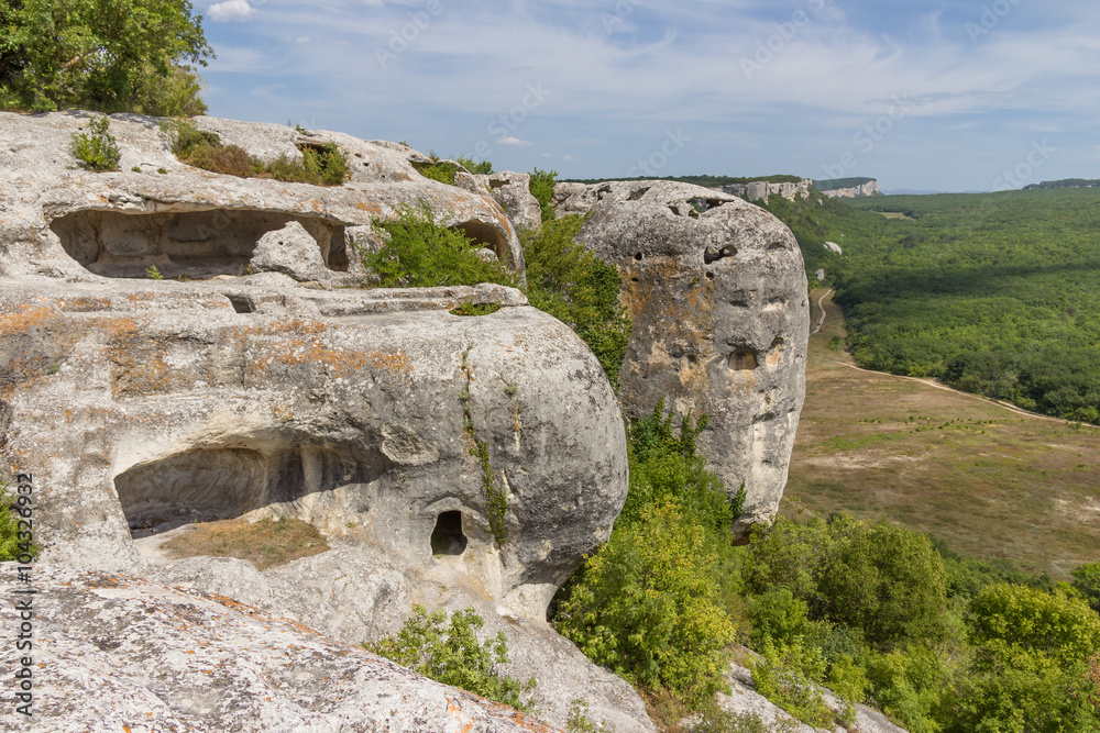 Crimea. Cave city Eski-Kermen on a hot summer day, fighting bastions