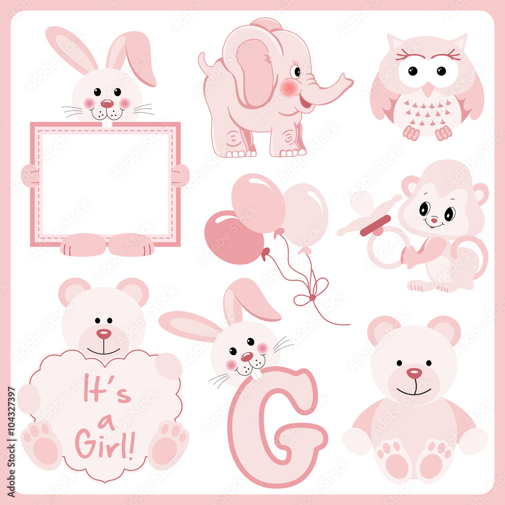 Baby girl pink animals digital clipart
