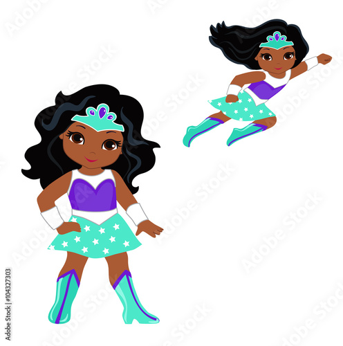 Cute Girl superhero in flight and in standing position.Vector illustration isolated on white background.