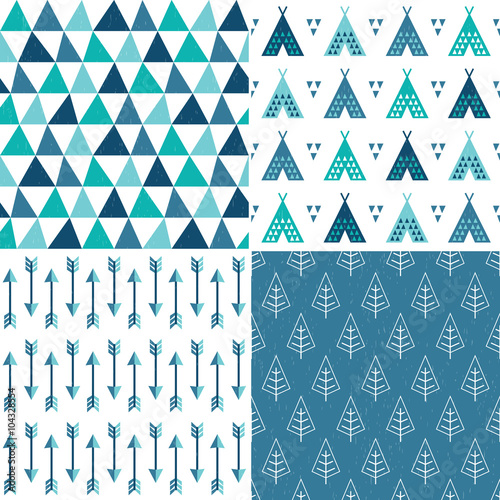 Set of seamless southwest tribal patterns in blue and teal. Includes triangles, teepees, arrows and forest trees. For scrap-booking, greeting cards, gift wrap, wallpapers, textiles, surface textures.