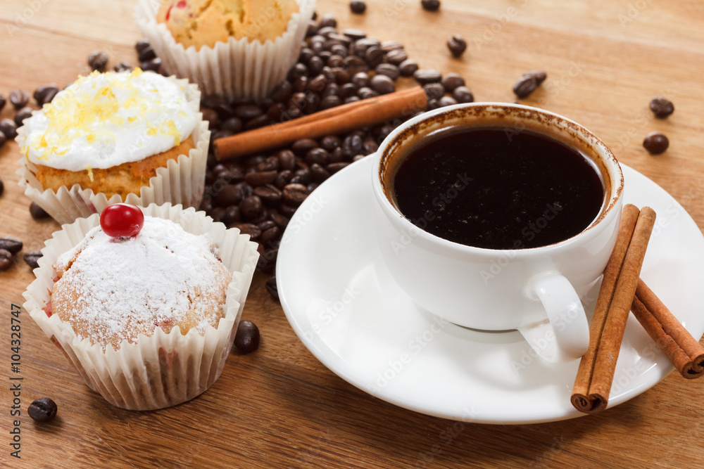 Sweet muffin and coffee. Overhead view Sweet muffin and coffee. Overhead view