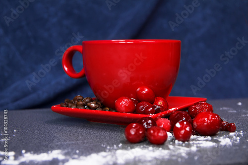 Red Cup on a saucer with cranberries