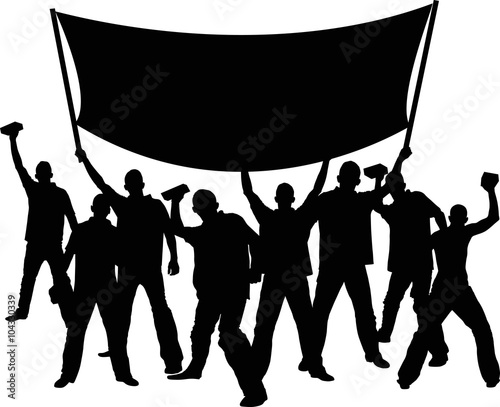 silhouettes of demonstrators with banner