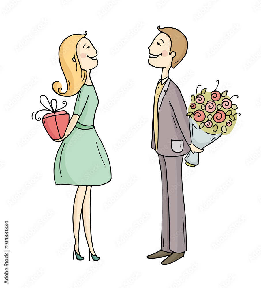 Romantic scene with cartoon characters - man giving flowers to a woman.  Lady giving gift box to a boyfriend. Exchange of gifts between partners.  Doodle hand drawn vector isolated on white. Stock