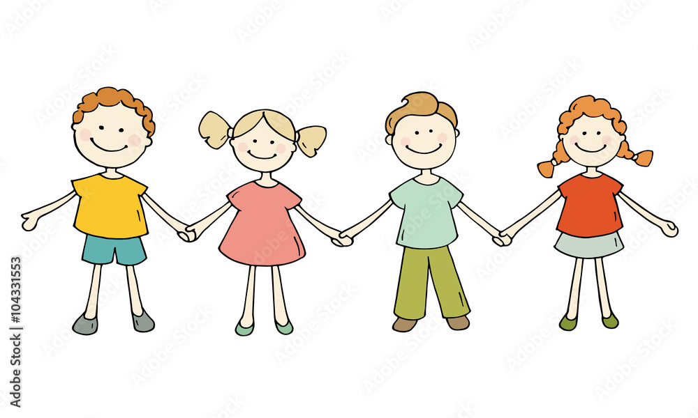 Cute happy kids standing together. Doodle cartoon boys and girls holding hands and smiling. Hand drawn vector illustration isolated on white background. Cute happy kids standing together. Doodle cartoon boys and girls holding hands and smiling. Hand drawn vector illustration isolated on white background.