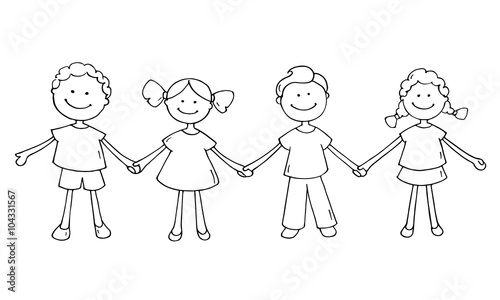 Cute happy kids standing together. Doodle cartoon boys and girls holding hands and smiling. Hand drawn vector illustration isolated on white background.