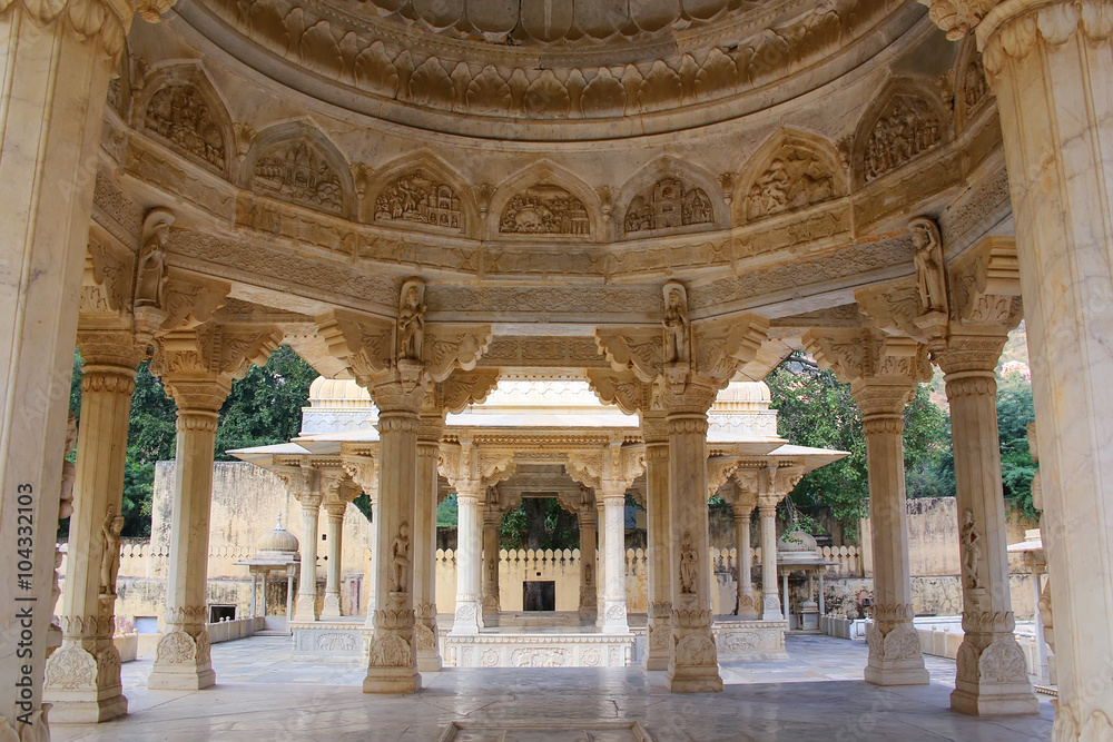 View of the carved dome at Royal cenotaphs in Jaipur, Rajasthan,