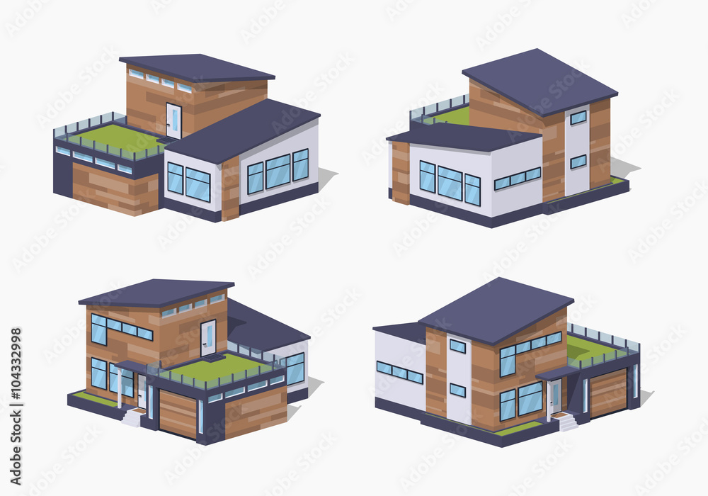 Contemporary american house. 3D lowpoly isometric vector illustration. The set of objects isolated against the white background and shown from different sides Contemporary american house. 3D lowpoly isometric vector illustration. The set of objects isolated against the white background and shown from different sides