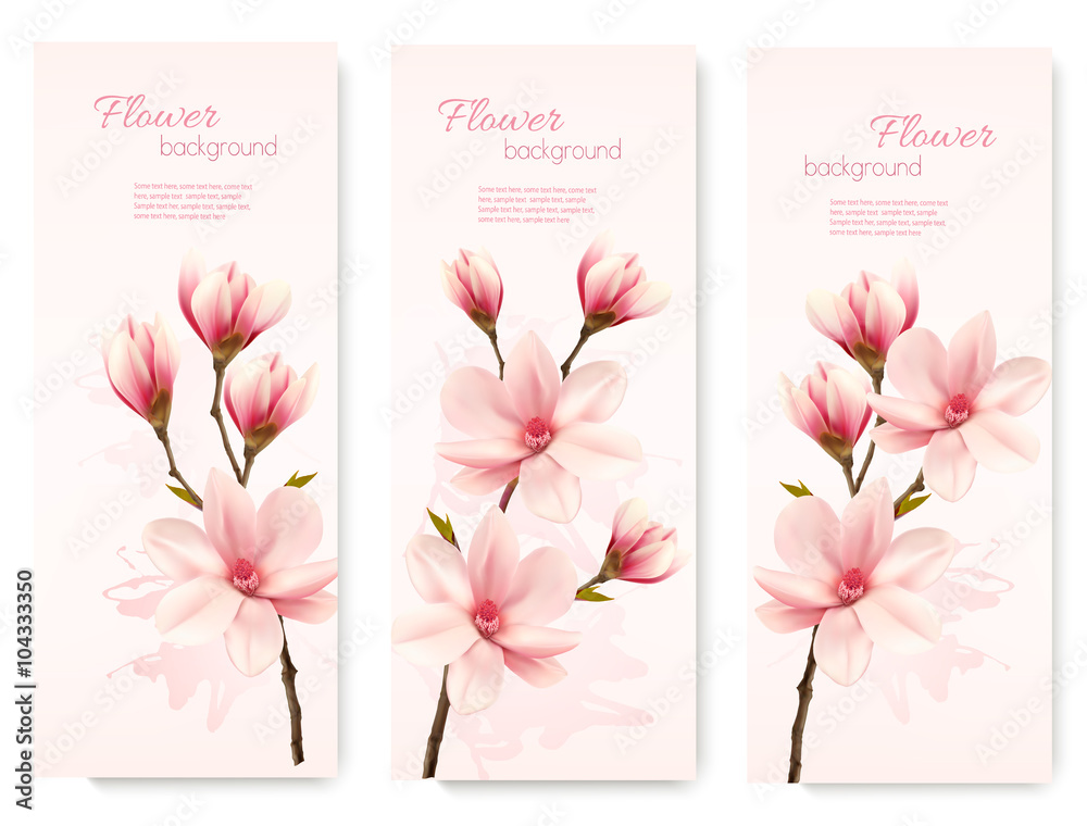 Banners with beautiful cherry blossom flowers. Vector.