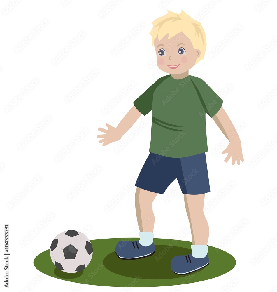 Fototapeta premium Happy boy playing football, vector