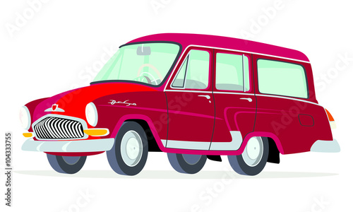 Caricatura GAZ Volga M22 Station Wagon roja vista frontal y lateral