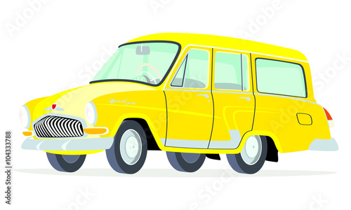 Caricatura GAZ Volga M22 Station Wagon amarilla vista frontal y lateral photo