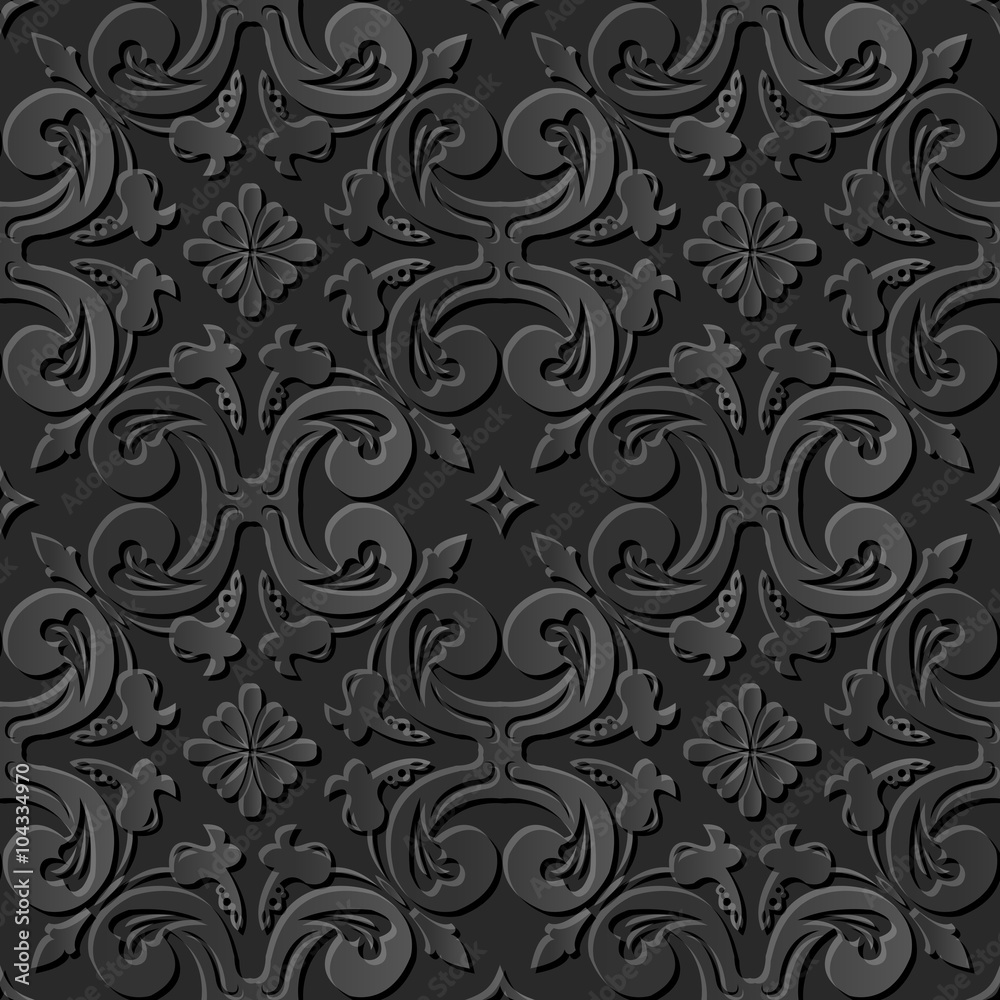 Seamless 3D elegant dark paper art pattern 194 Spiral Cross Flower
