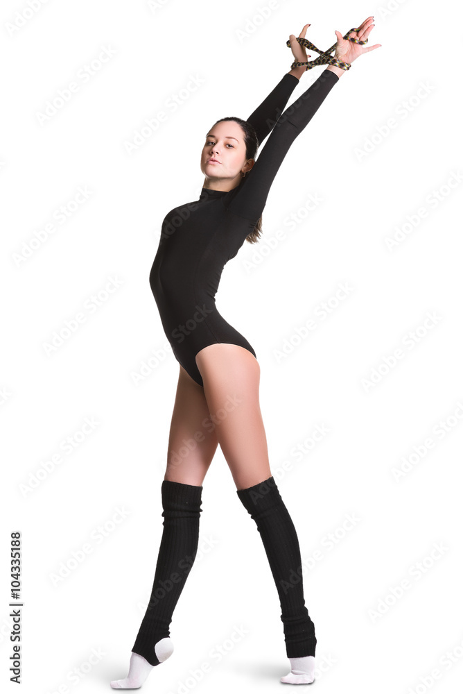 Young cute woman in gymnast suit show athletic skill on white background Young cute woman in gymnast suit show athletic skill on white background