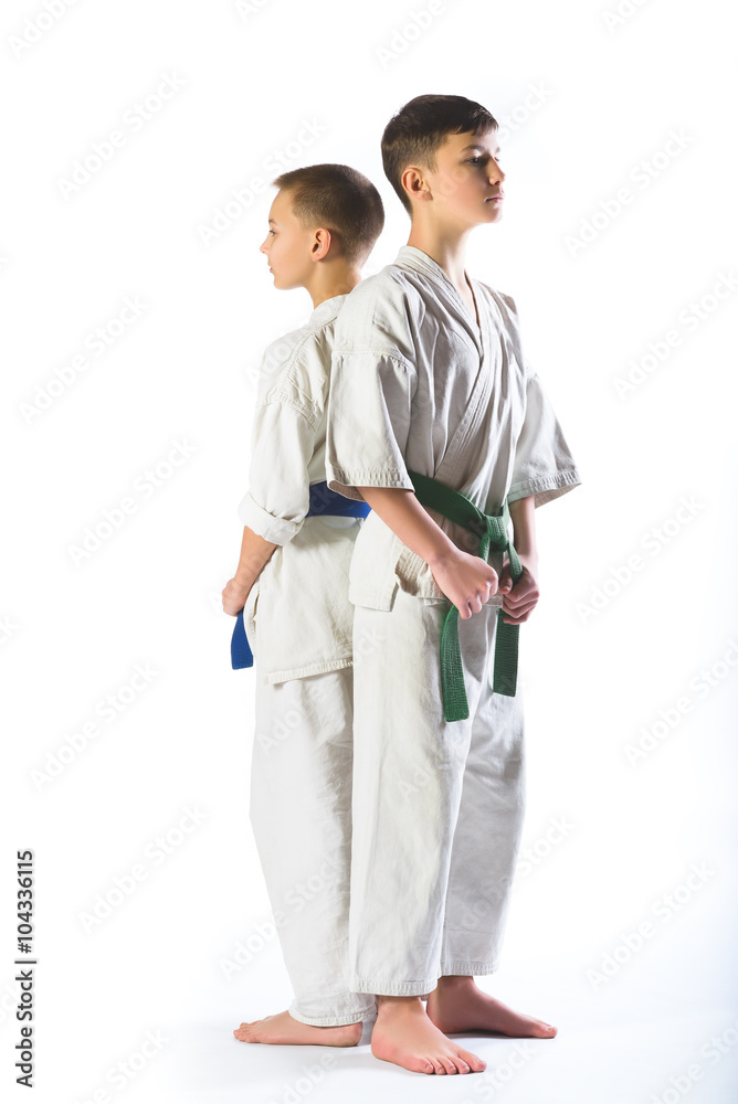 boys in kimono during training karate exercises on white background boys in kimono during training karate exercises on white background