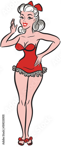 1940s comic style ink drawing of a pinup girl in a red bathing suit calling out to someone