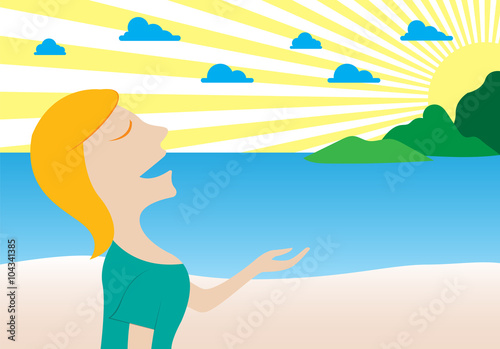 Women breathe oxygen in pure nature.