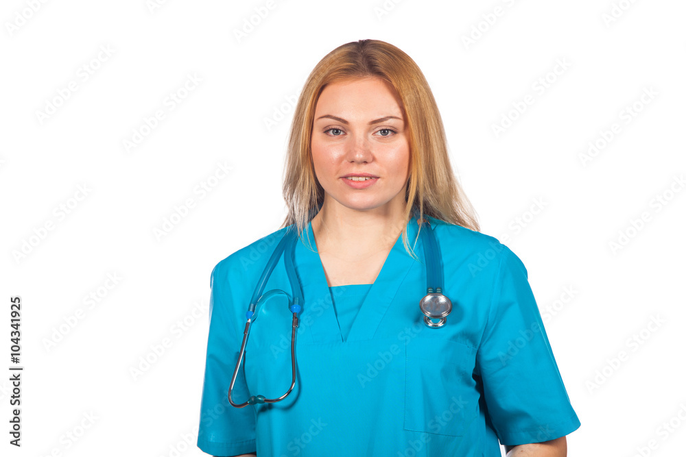 healthcare, profession, people and medicine concept - medical doctor woman with stethoscope. Isolated over white background. healthcare, profession, people and medicine concept - medical doctor woman with stethoscope. Isolated over white background.