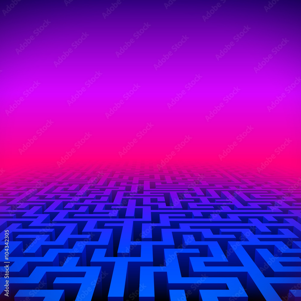 Fototapeta premium Retro gaming hipster neon landscape with labyrinth