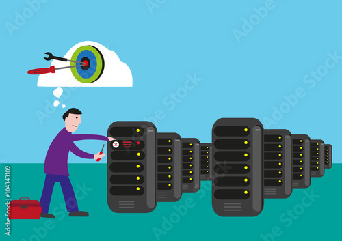 IT Technician targets to fix and solve the problem in the server room. Editable Clip Art. 