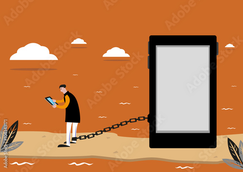 A Person Addicted to Social Media is like an Man Stranded or Imprisoned  in an Isolated Island. Editable Clip Art.
