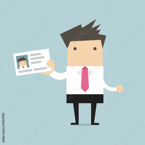 Businessman holding id card in flat style