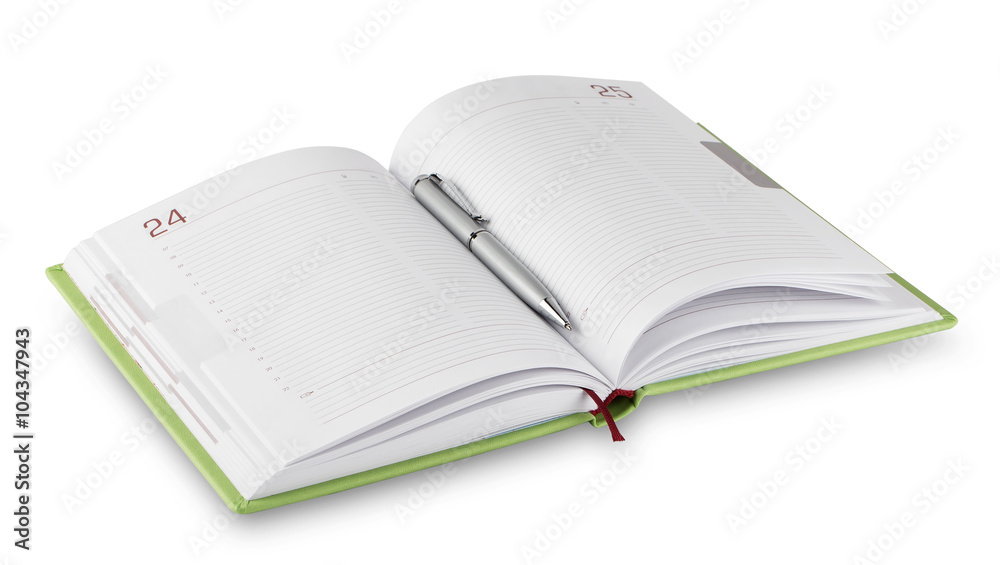 Open green diary with pen Open green diary with pen