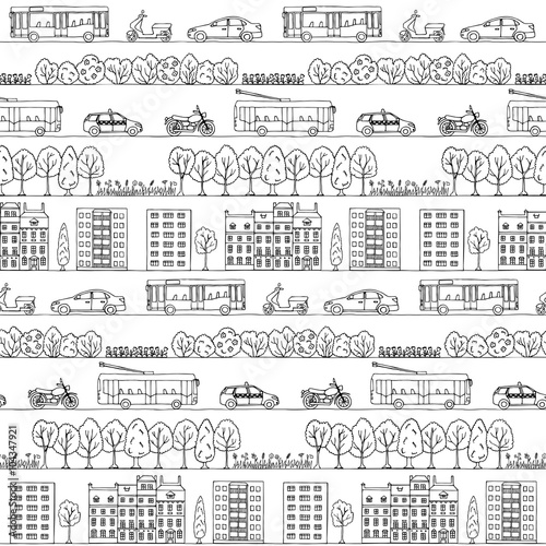 Seamless pattern with hand drawn city street