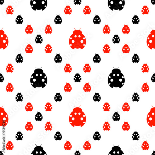 Seamless vector pattern with insects, symmetrical background with bright red and black decorative ladybugs, on the white backdrop. Series of Animals and Insects Seamless Patterns.