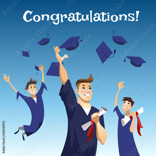 Vector flat cartoon illustration. Dynamic poses. Happy graduates throwing graduation hats in the air.