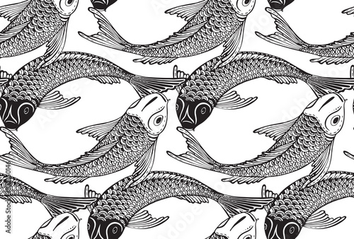 Seamless vector pattern with hand drawn Koi fish