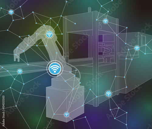 industrial machinery and robotic arm, wireless network, internet of things, factory automation, line drawing illustration, vector