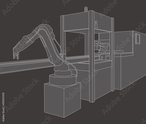 industrial machinery and robotic arm, factory automation, line drawing illustration, vector