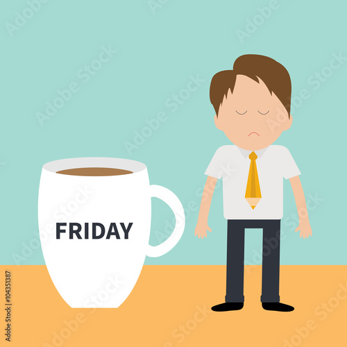 Sleepy businessman manager Friday coffee cup mug Blue background Flat modern simply design