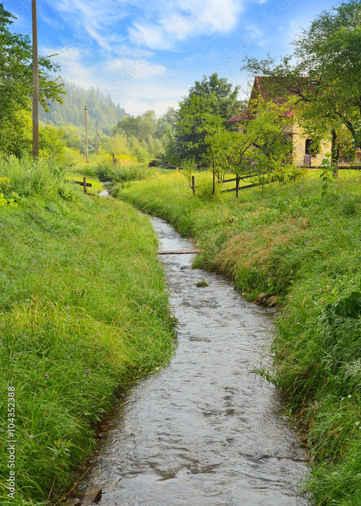 Creek flowing through green fields. Spring landscape flowing stream