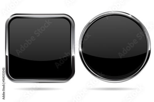 Black button. Shiny round and square button with metal frame.
