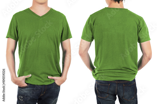 Close up of man in front and back green shirt on white backgroun