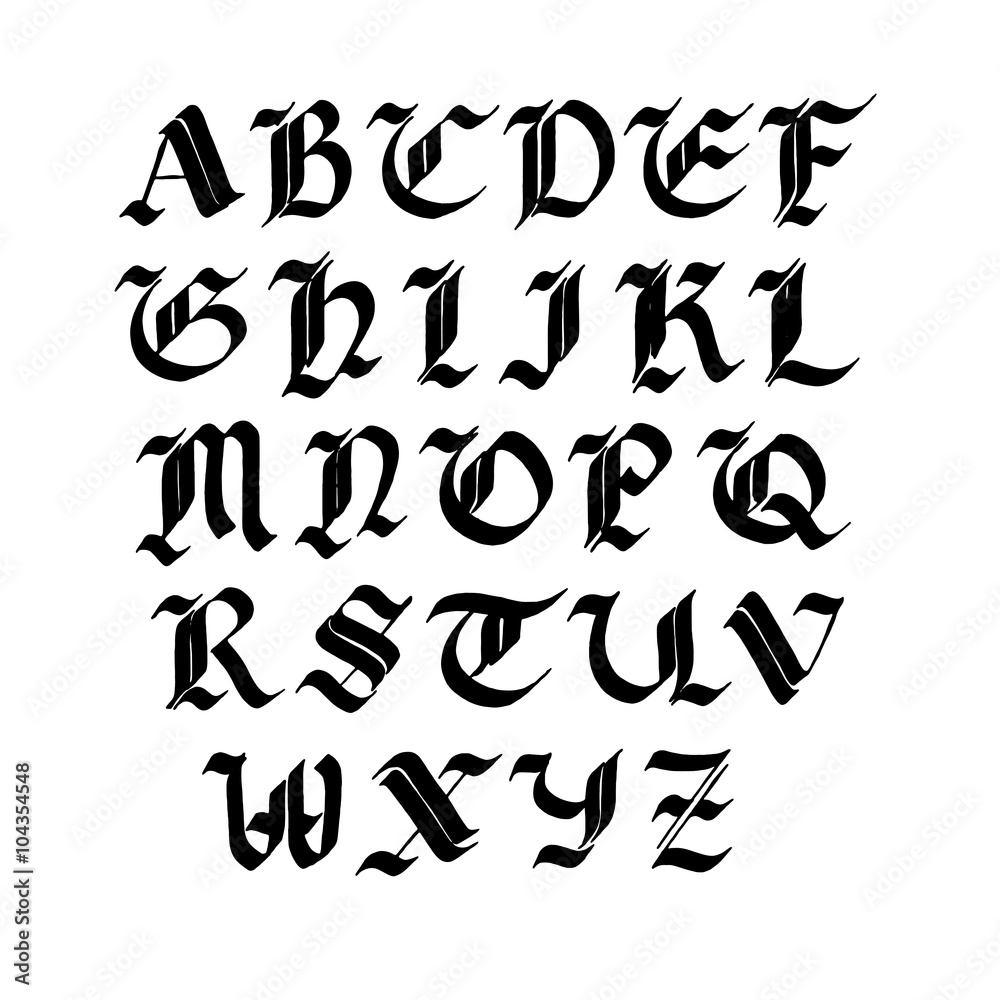 Hand drawn gothic ink pen font. Capital letters. Black ink isolated on white. Vector illustration.