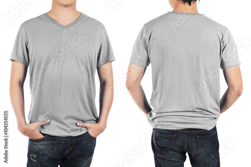 Close up of man in front and back light grey shirt on white back