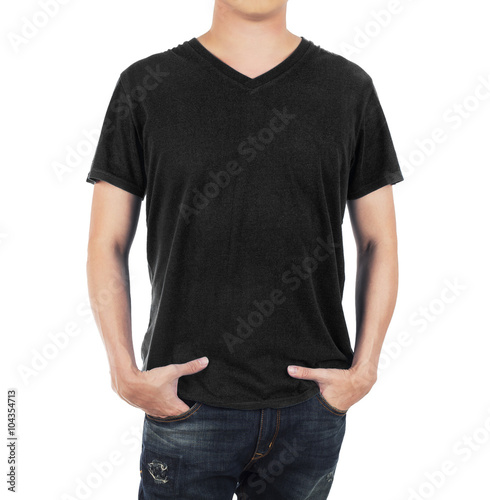 Close up of man in front black shirt on white background.