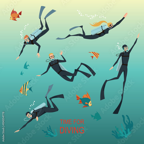 Set of vector illustrations of divers flat -style